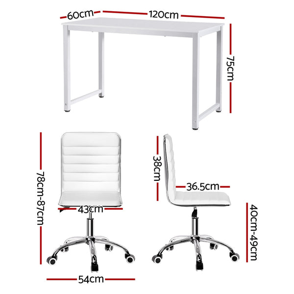 Artiss Computer Desk 120cm Executive Office Chairs Set PU Leather Low Back White Artiss