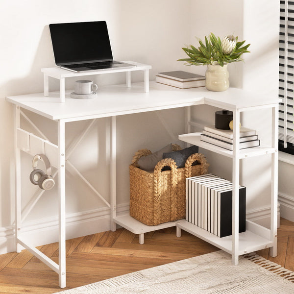 Artiss Computer Desk L-Shape Home Office Study Table Open Shelves White 100CM Awezingly