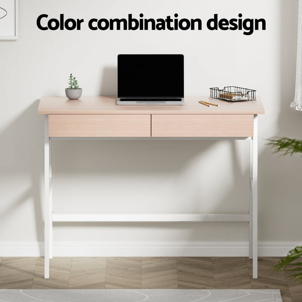 Artiss Metal Desk with Drawer - White with Oak Top Artiss