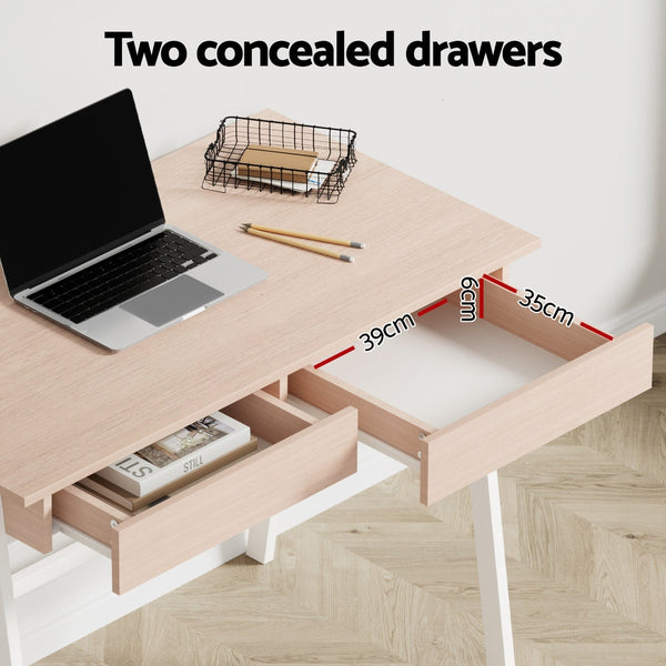 Artiss Metal Desk with Drawer - White with Oak Top Artiss