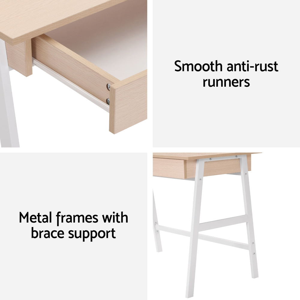Artiss Metal Desk with Drawer - White with Oak Top Artiss
