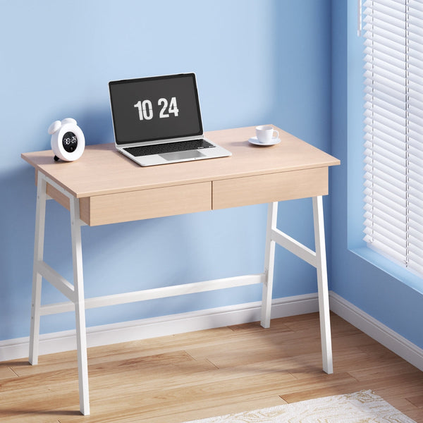 Artiss Metal Desk with Drawer - White with Oak Top Artiss