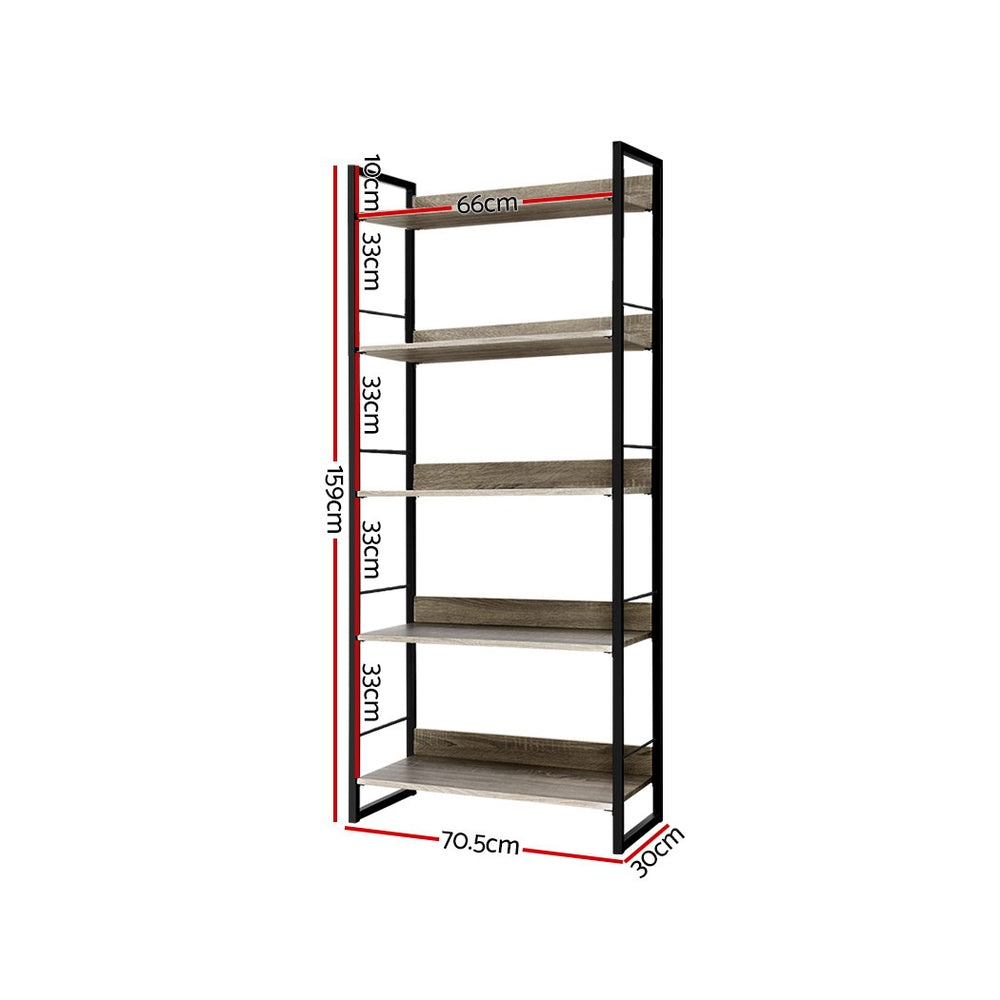 Artiss 5 Tier Bookshelf Wooden Display Shelves Bookcase Shelf Storage Metal Wall Black Artiss