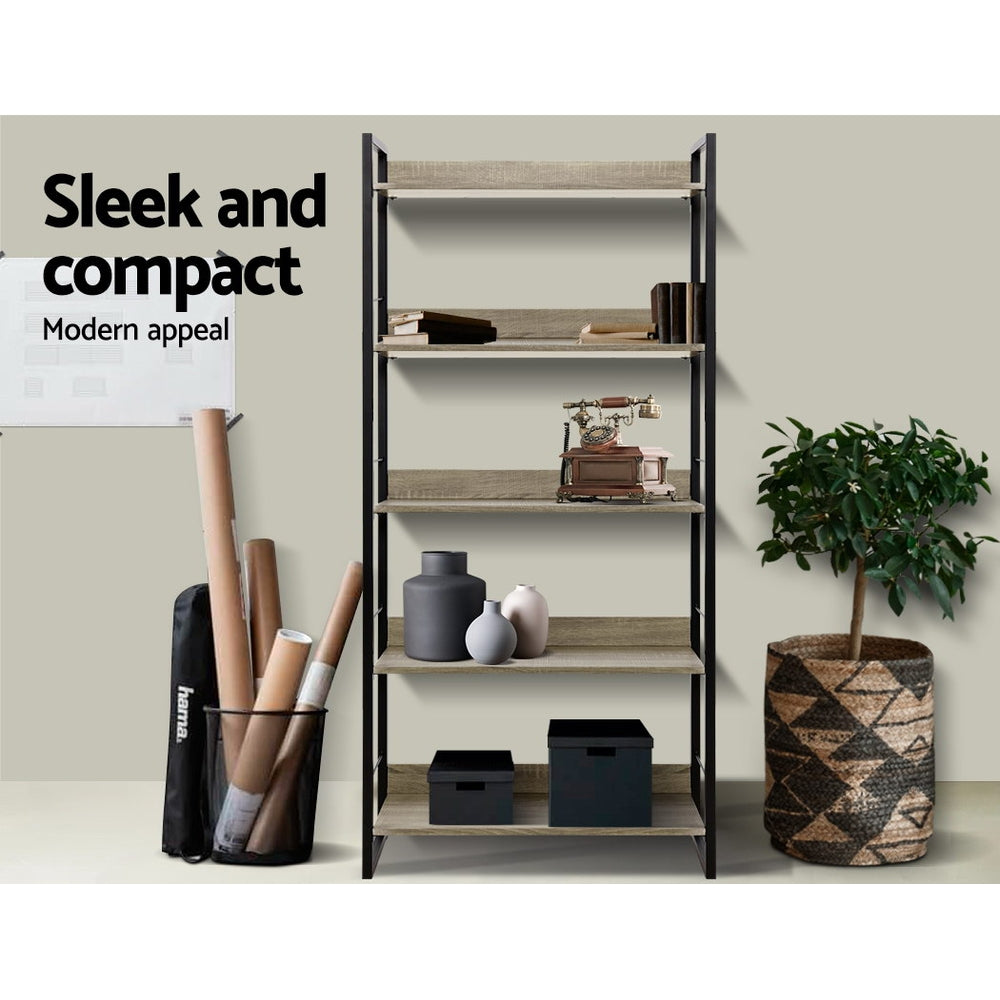 Artiss 5 Tier Bookshelf Wooden Display Shelves Bookcase Shelf Storage Metal Wall Black Artiss