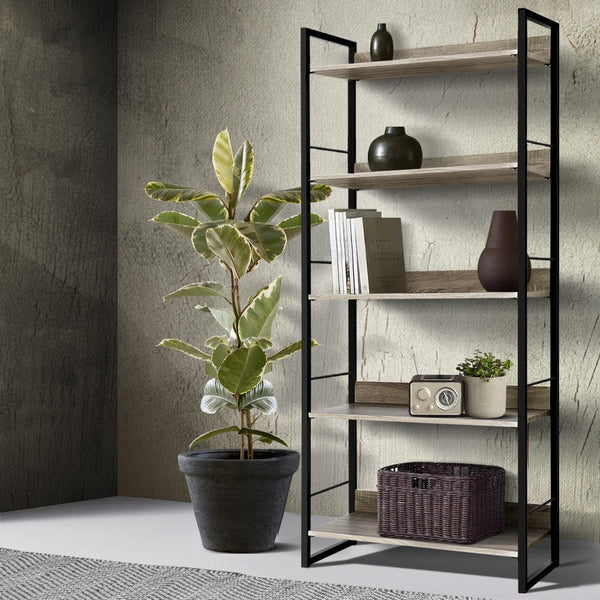 Artiss 5 Tier Bookshelf Wooden Display Shelves Bookcase Shelf Storage Metal Wall Black Artiss