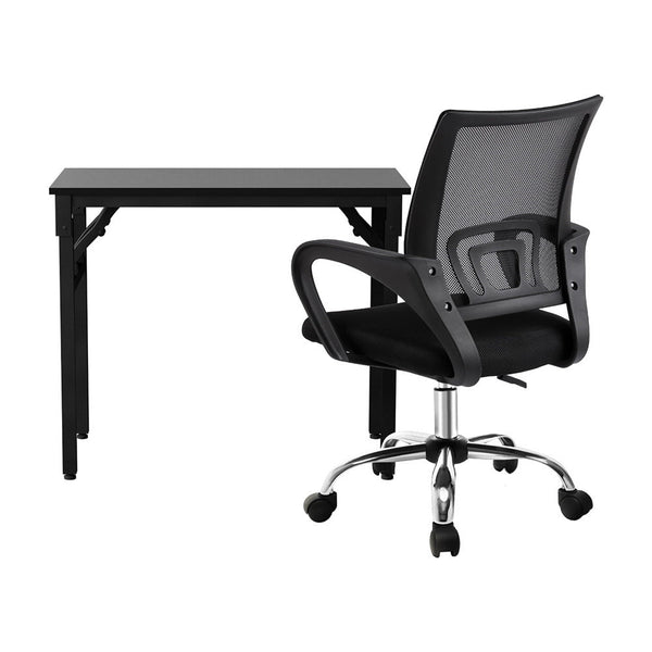 Artiss Computer Desk Mesh Office Chair Set Foldable Home Study Table Black Artiss