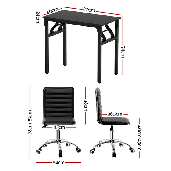 Artiss Computer Desk Office Chair PU Leather Set Foldable Home Study Table Black Artiss