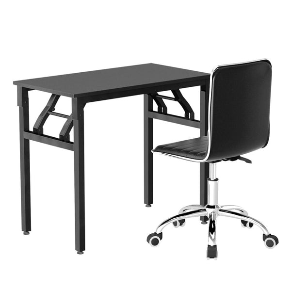 Artiss Computer Desk Office Chair PU Leather Set Foldable Home Study Table Black Artiss