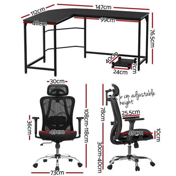 Artiss Computer Desk L-Shape Corner Desks Ergonomic Office Chair Mesh Chairs Artiss