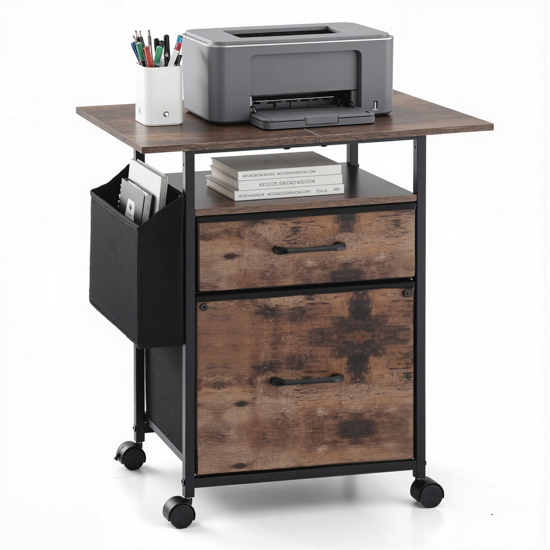 Artiss 2 Fabric Drawer File Cabinet Printer Stand Rolling File Cabinet with Side Bag Awezingly