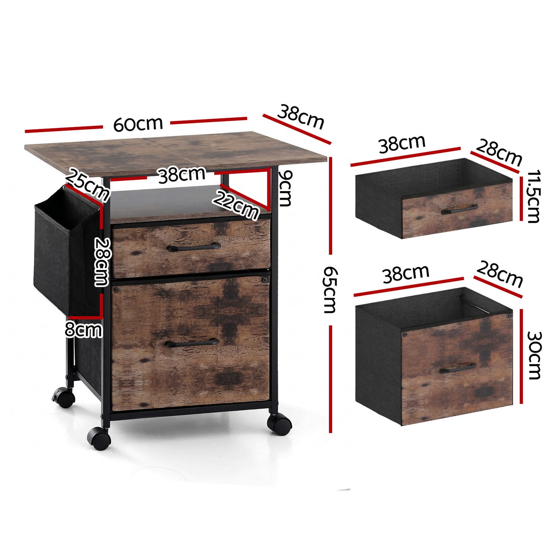 Artiss 2 Fabric Drawer File Cabinet Printer Stand Rolling File Cabinet with Side Bag Awezingly