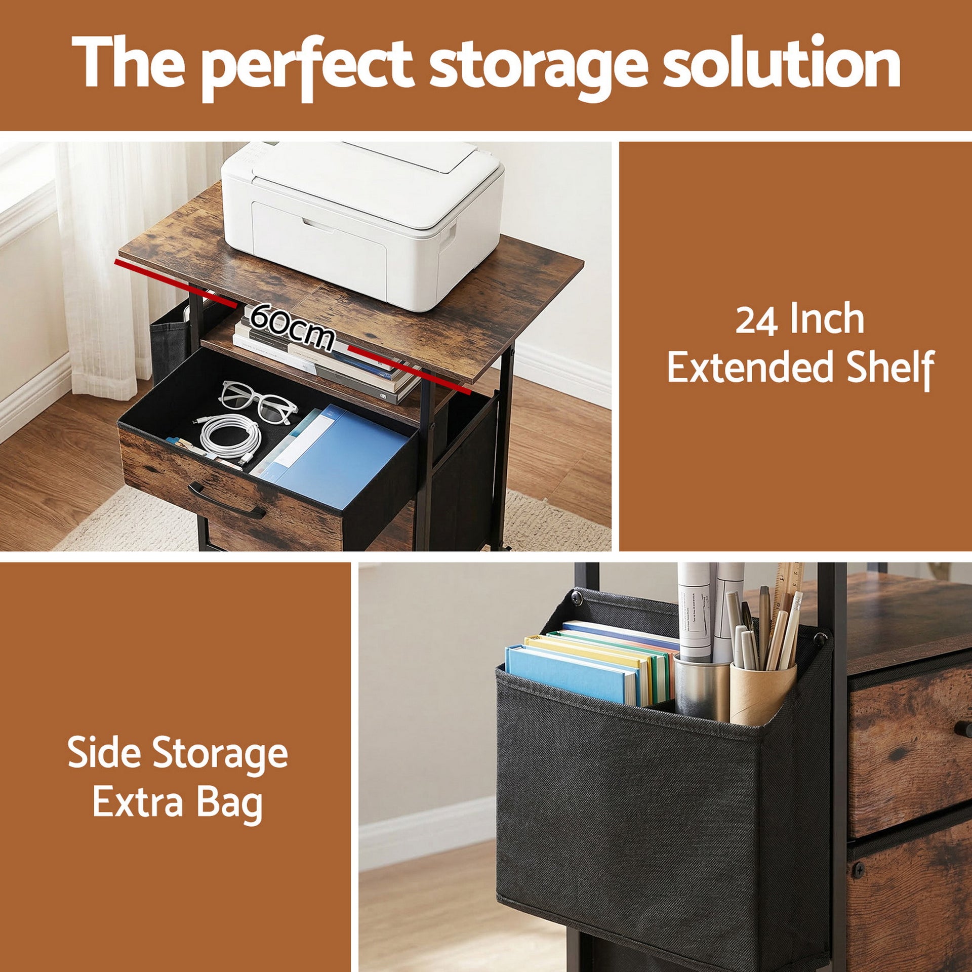 Artiss 2 Fabric Drawer File Cabinet Printer Stand Rolling File Cabinet with Side Bag Awezingly