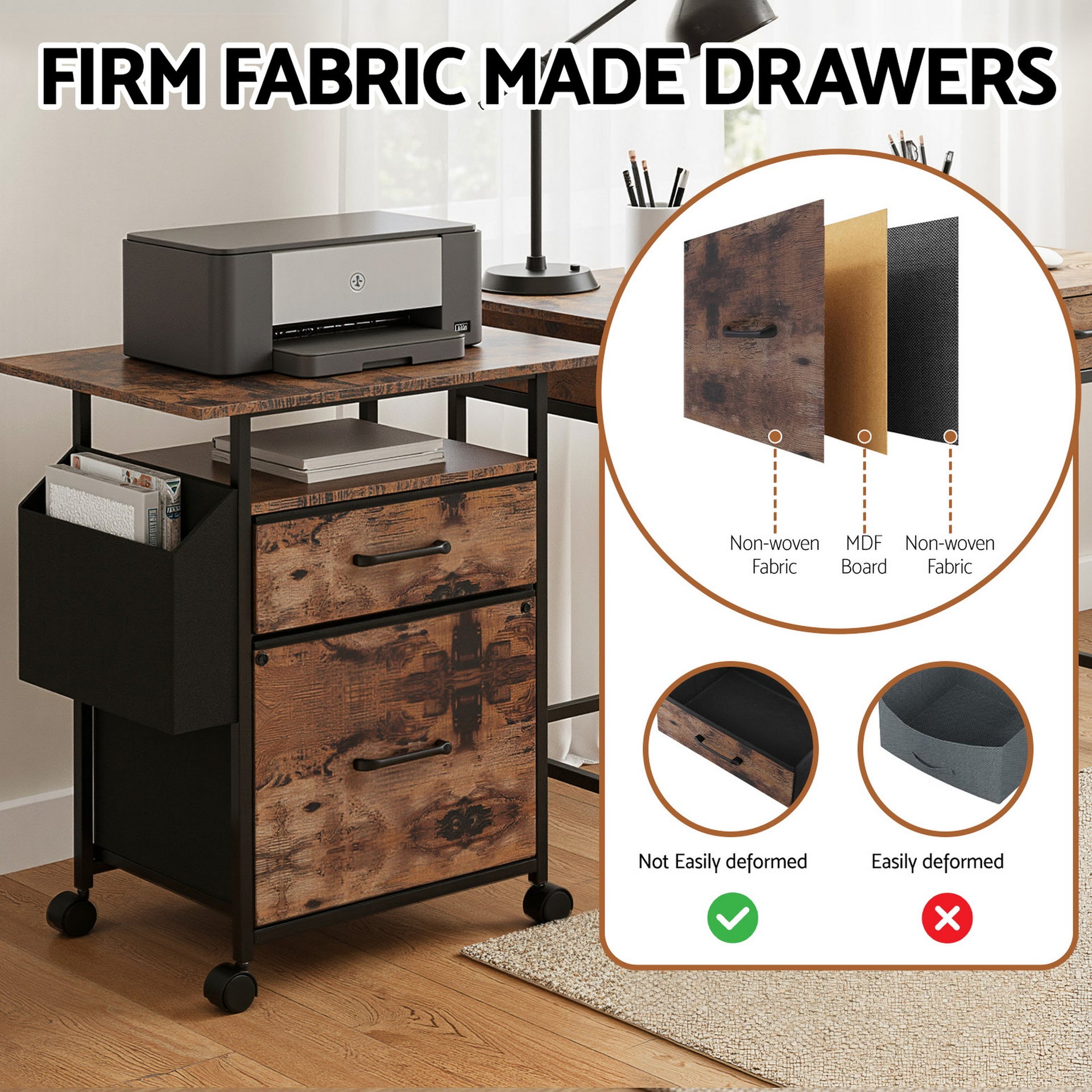 Artiss 2 Fabric Drawer File Cabinet Printer Stand Rolling File Cabinet with Side Bag Awezingly
