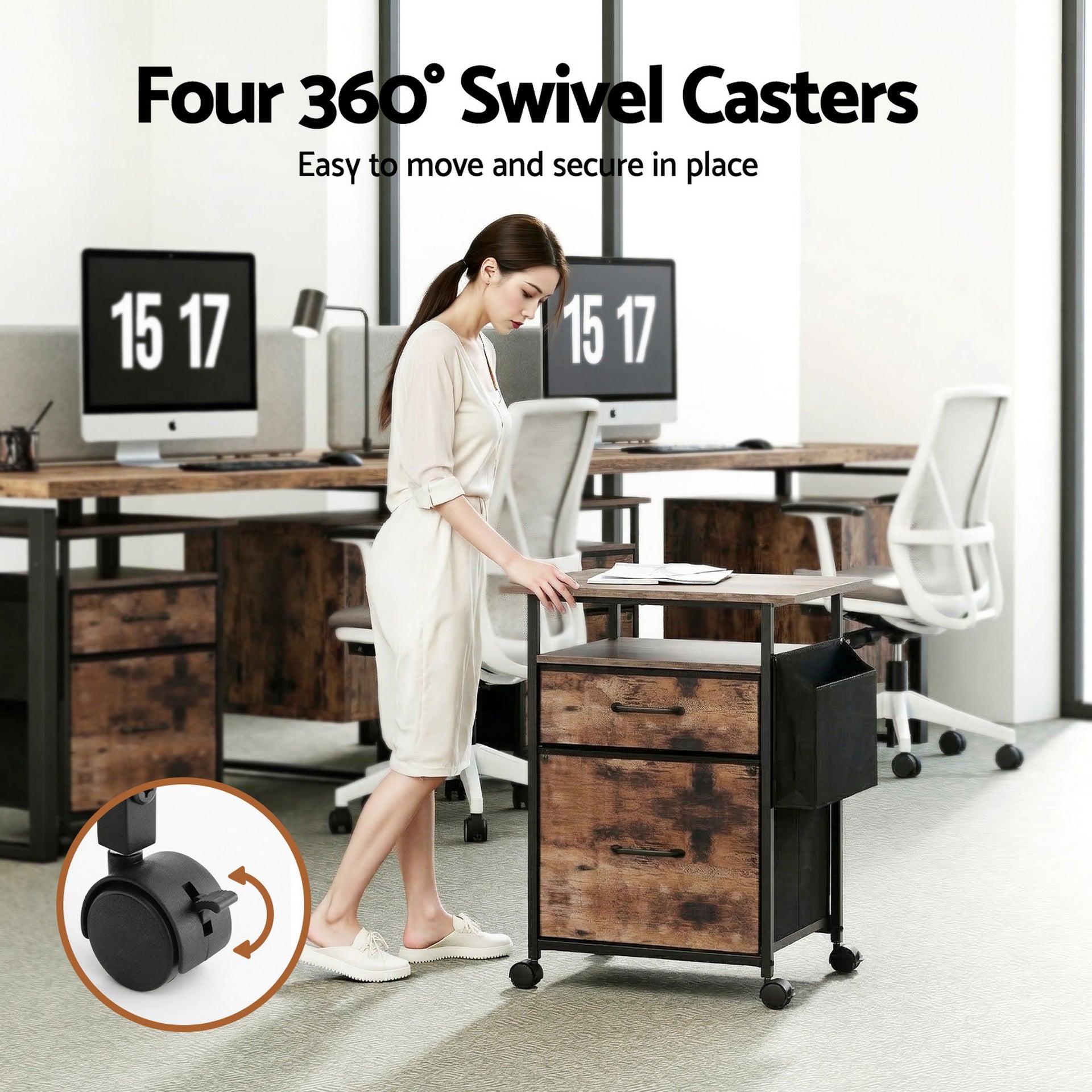 Artiss 2 Fabric Drawer File Cabinet Printer Stand Rolling File Cabinet with Side Bag Awezingly