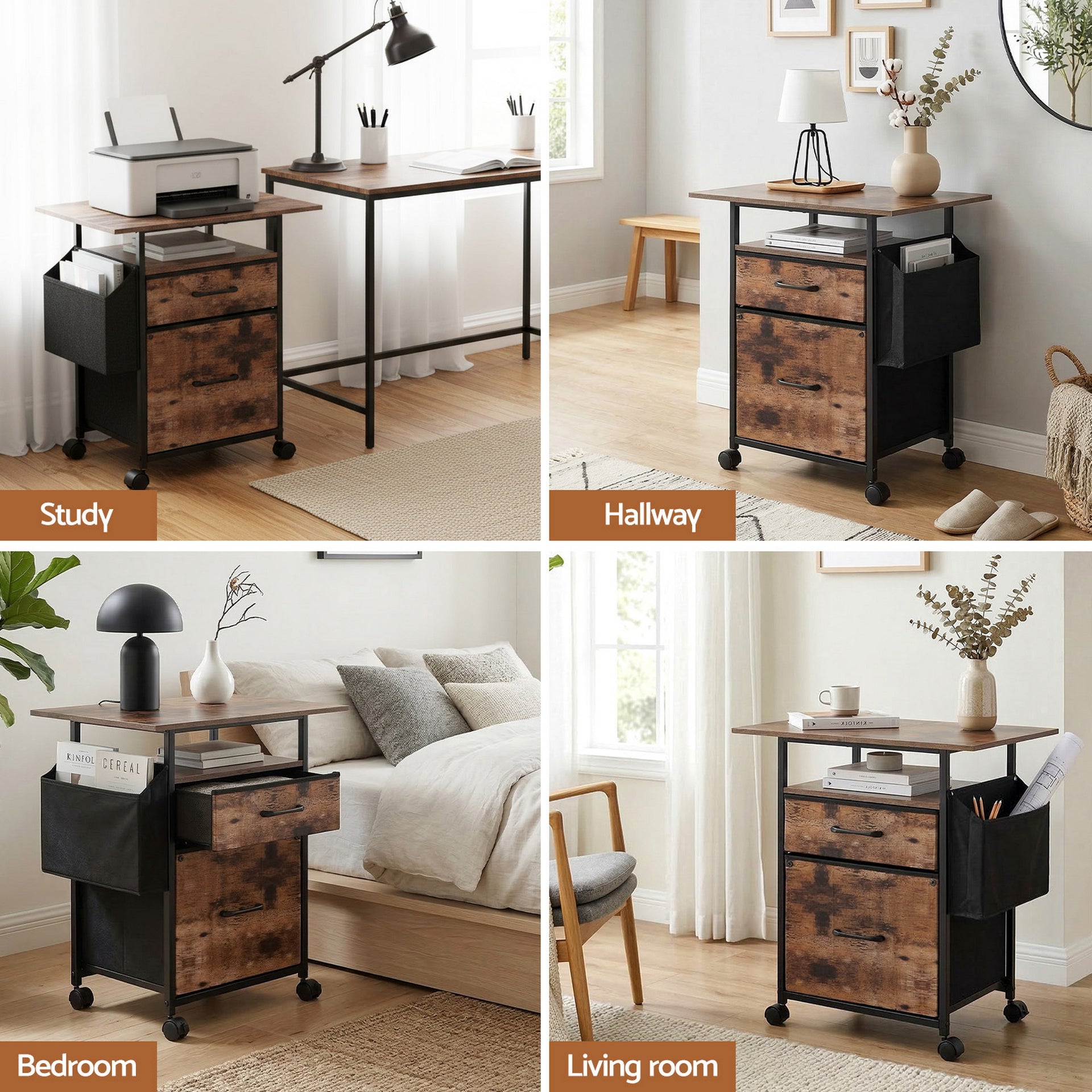 Artiss 2 Fabric Drawer File Cabinet Printer Stand Rolling File Cabinet with Side Bag Awezingly