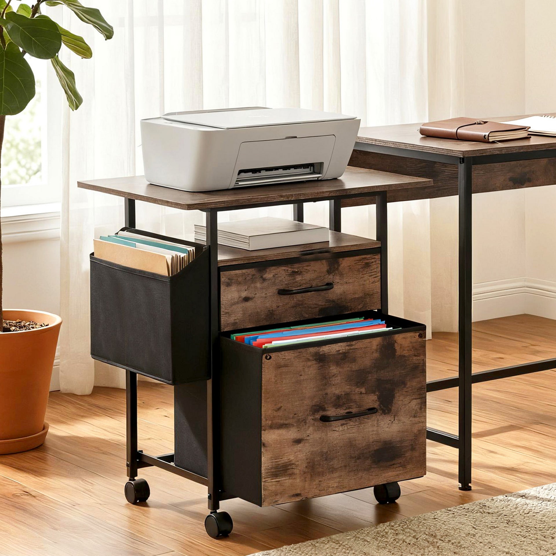 Artiss 2 Fabric Drawer File Cabinet Printer Stand Rolling File Cabinet with Side Bag Awezingly