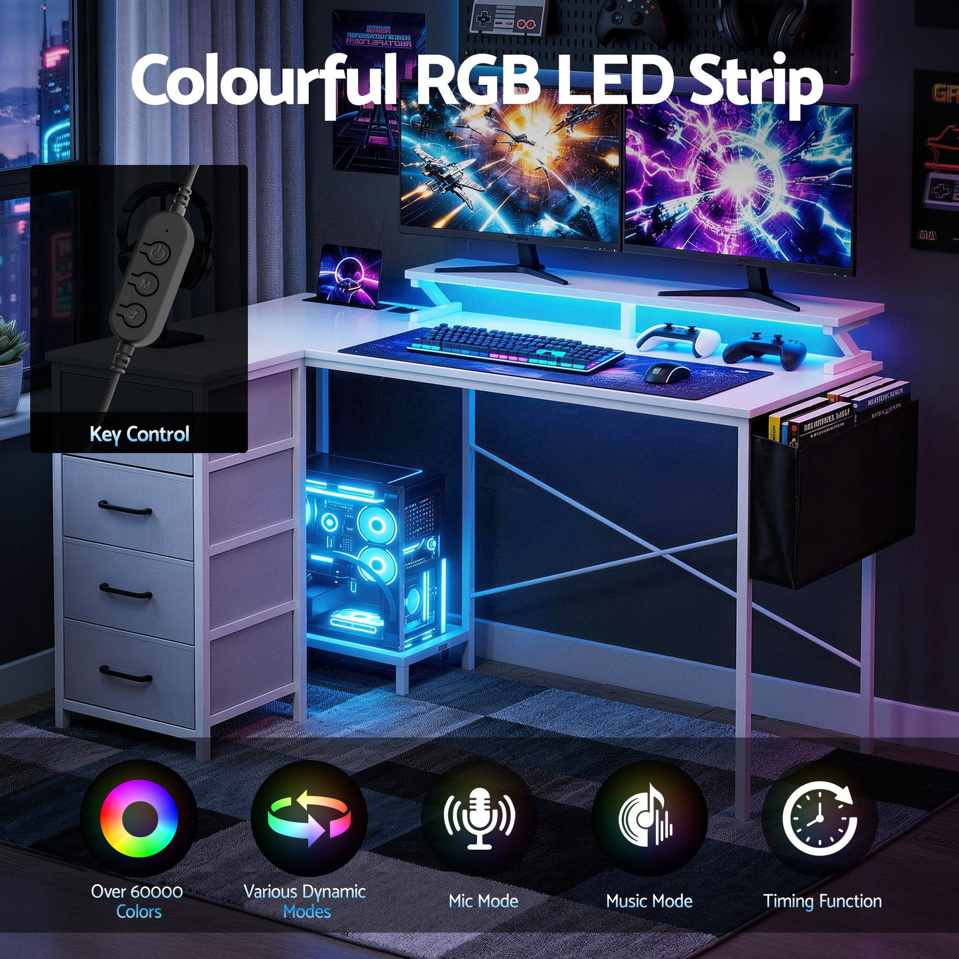 Artiss 140cm L Shaped Gaming Desk Computer Desk with LED Lights & Power Outlets Awezingly