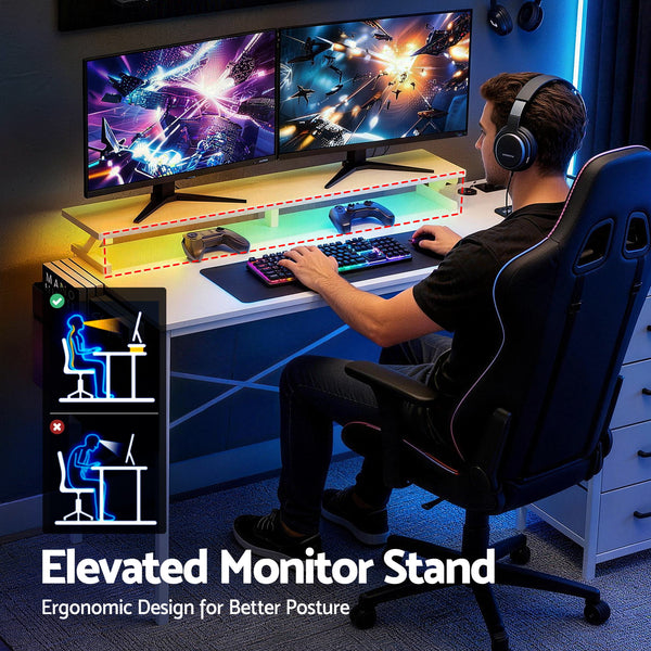 Artiss 140cm L Shaped Gaming Desk Computer Desk with LED Lights & Power Outlets Awezingly