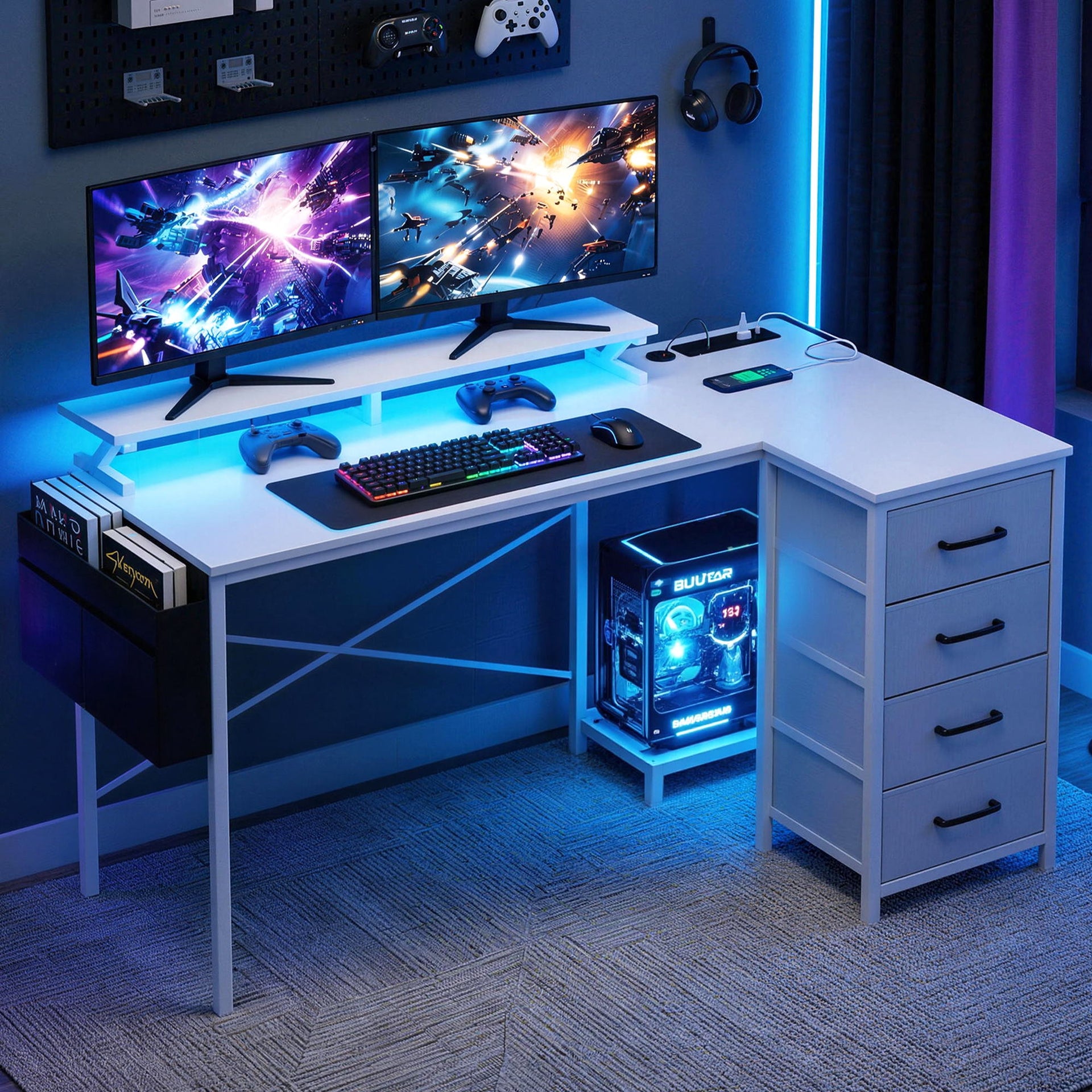 Artiss 140cm L Shaped Gaming Desk Computer Desk with LED Lights & Power Outlets Awezingly