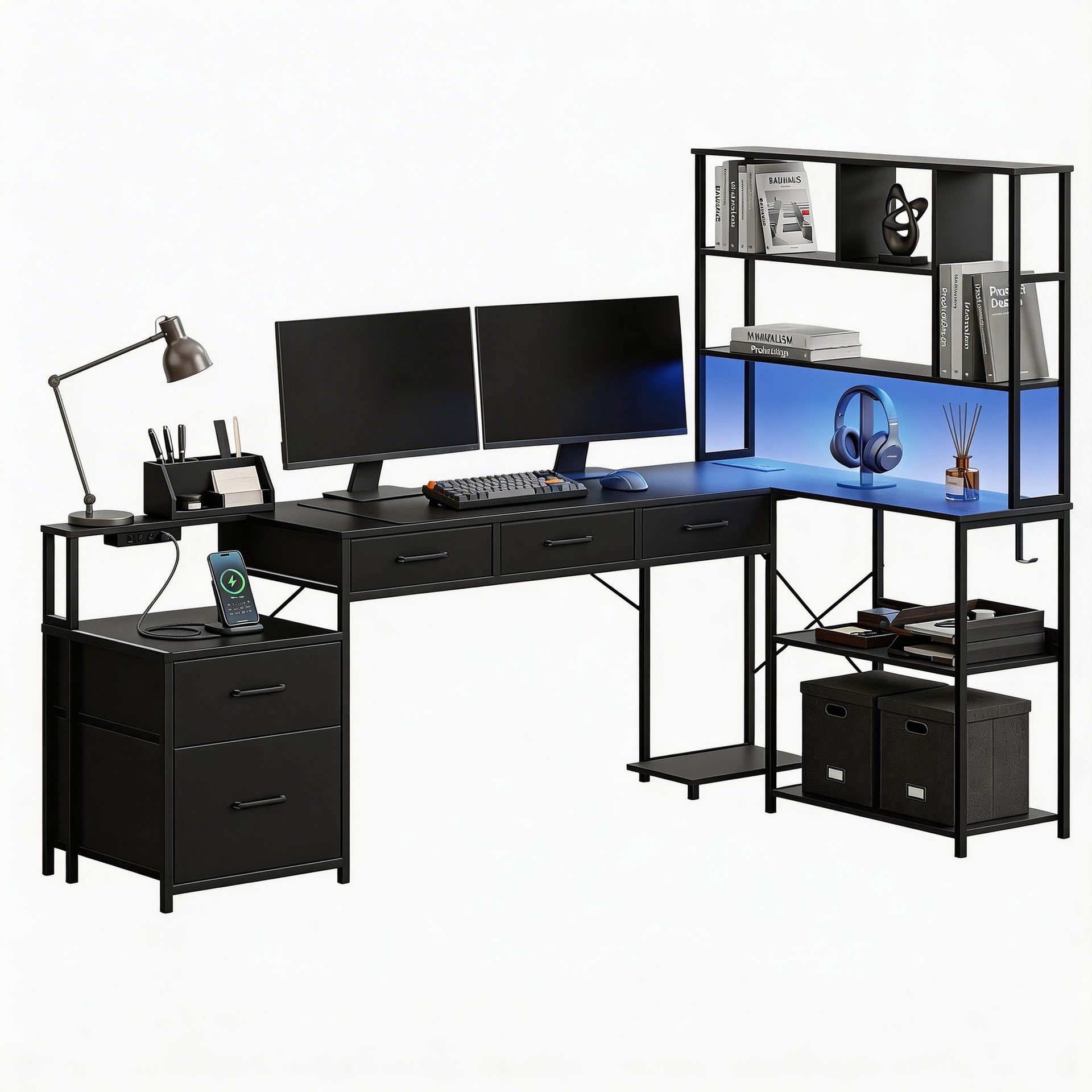 Artiss 200cm L Shaped Gaming Desk Computer Desk with LED Lights & Power Outlets Awezingly