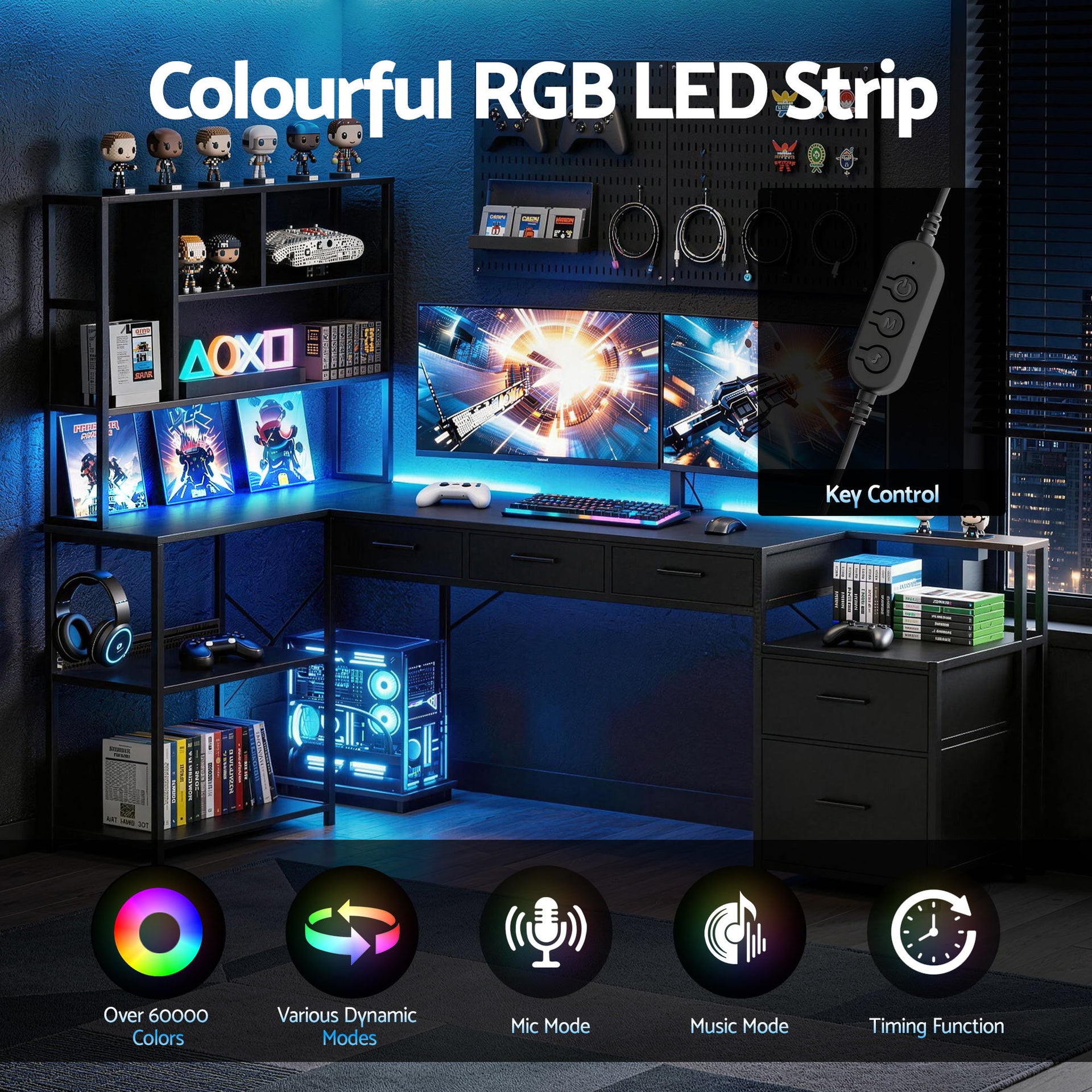 Artiss 200cm L Shaped Gaming Desk Computer Desk with LED Lights & Power Outlets Awezingly