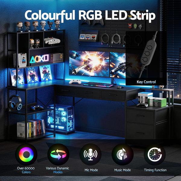 Artiss 200cm L Shaped Gaming Desk Computer Desk with LED Lights & Power Outlets Awezingly