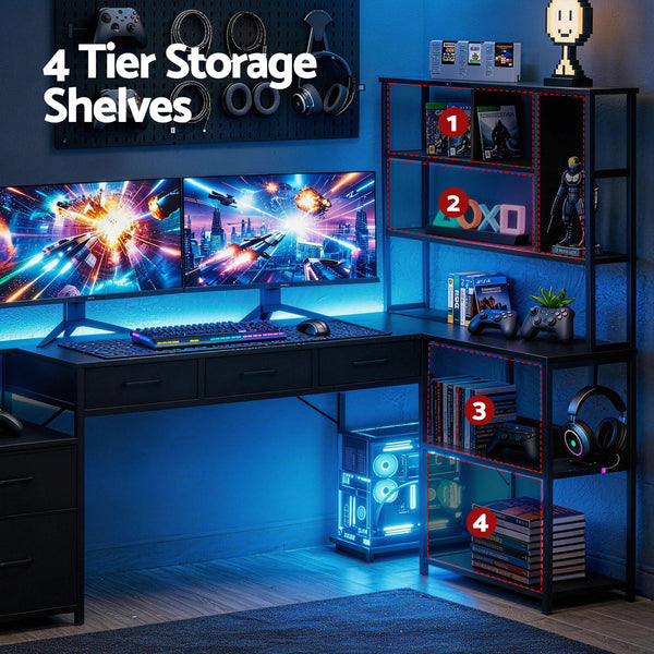 Artiss 200cm L Shaped Gaming Desk Computer Desk with LED Lights & Power Outlets Awezingly