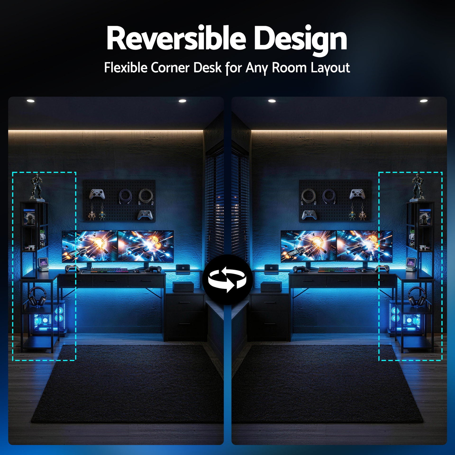 Artiss 200cm L Shaped Gaming Desk Computer Desk with LED Lights & Power Outlets Awezingly