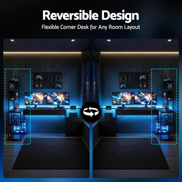 Artiss 200cm L Shaped Gaming Desk Computer Desk with LED Lights & Power Outlets Awezingly