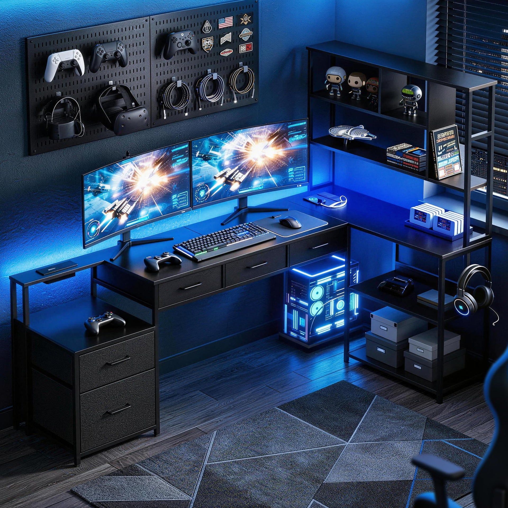 Artiss 200cm L Shaped Gaming Desk Computer Desk with LED Lights & Power Outlets Awezingly