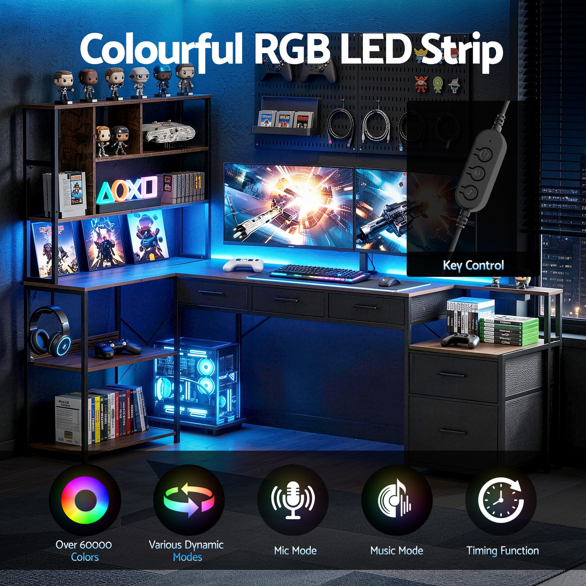 Artiss 200cm L Shaped Gaming Desk Computer Desk with LED Lights & Power Outlets Awezingly