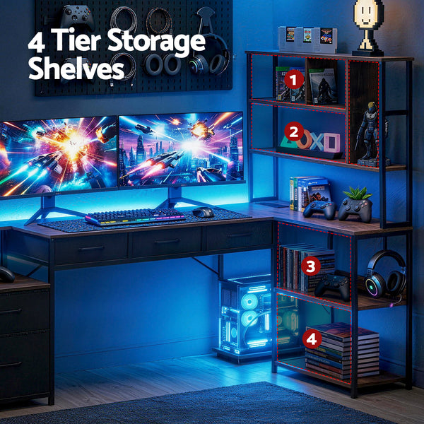 Artiss 200cm L Shaped Gaming Desk Computer Desk with LED Lights & Power Outlets Awezingly
