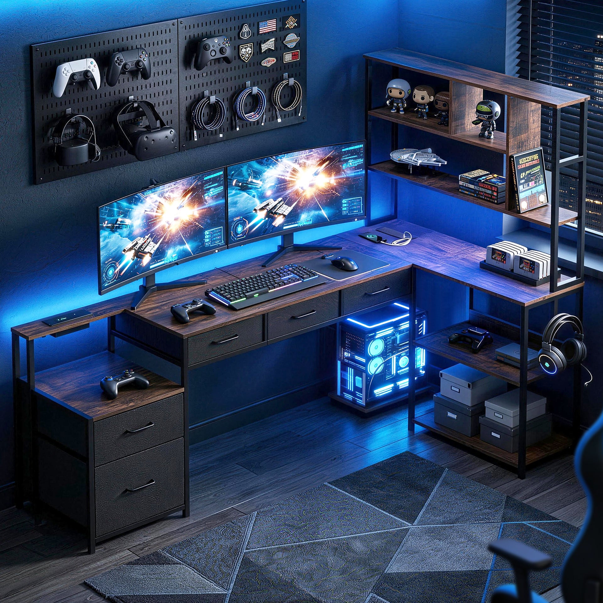 Artiss 200cm L Shaped Gaming Desk Computer Desk with LED Lights & Power Outlets Awezingly