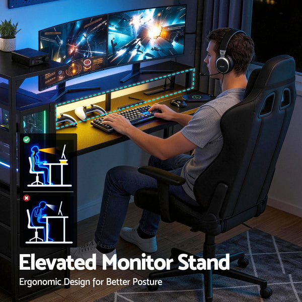 Artiss 145cm L Shaped Gaming Desk Computer Desk with LED Lights & Power Outlets Awezingly