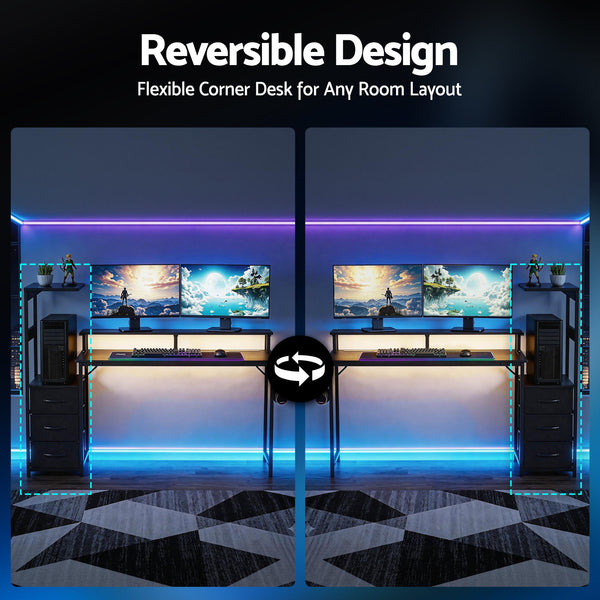 Artiss 145cm L Shaped Gaming Desk Computer Desk with LED Lights & Power Outlets Awezingly