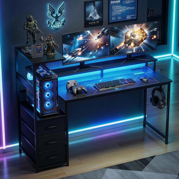 Artiss 145cm L Shaped Gaming Desk Computer Desk with LED Lights & Power Outlets Awezingly