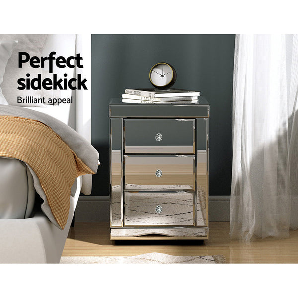 Artiss Mirrored Bedside table Drawers Furniture Mirror Glass Presia Silver Artiss