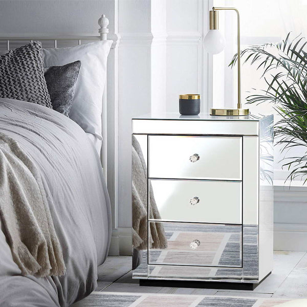 Artiss Mirrored Bedside table Drawers Furniture Mirror Glass Presia Silver Artiss