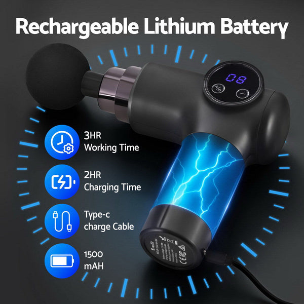 Everfit Massage Gun 8 Speed 4 Heads Vibration Muscle Massager Chargeable Black Awezingly