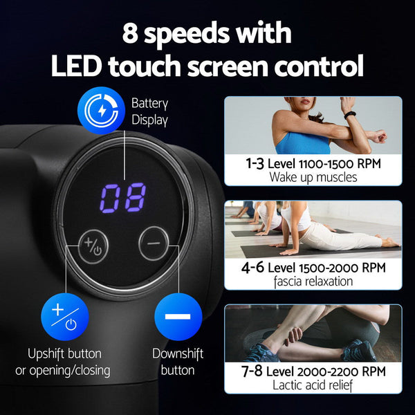 Everfit Massage Gun 8 Speed 4 Heads Vibration Muscle Massager Chargeable Black Awezingly
