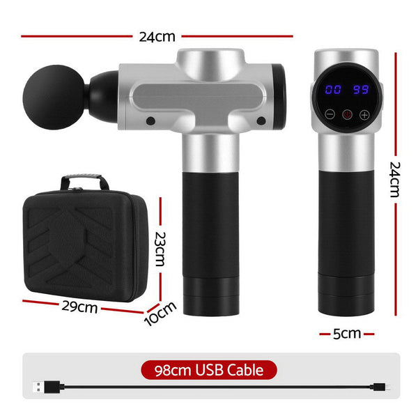 Everfit Massage Gun 30 Speed 6 Heads Vibration Muscle Massager Chargeable Silver Awezingly