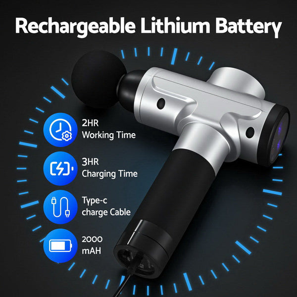 Everfit Massage Gun 30 Speed 6 Heads Vibration Muscle Massager Chargeable Silver Awezingly