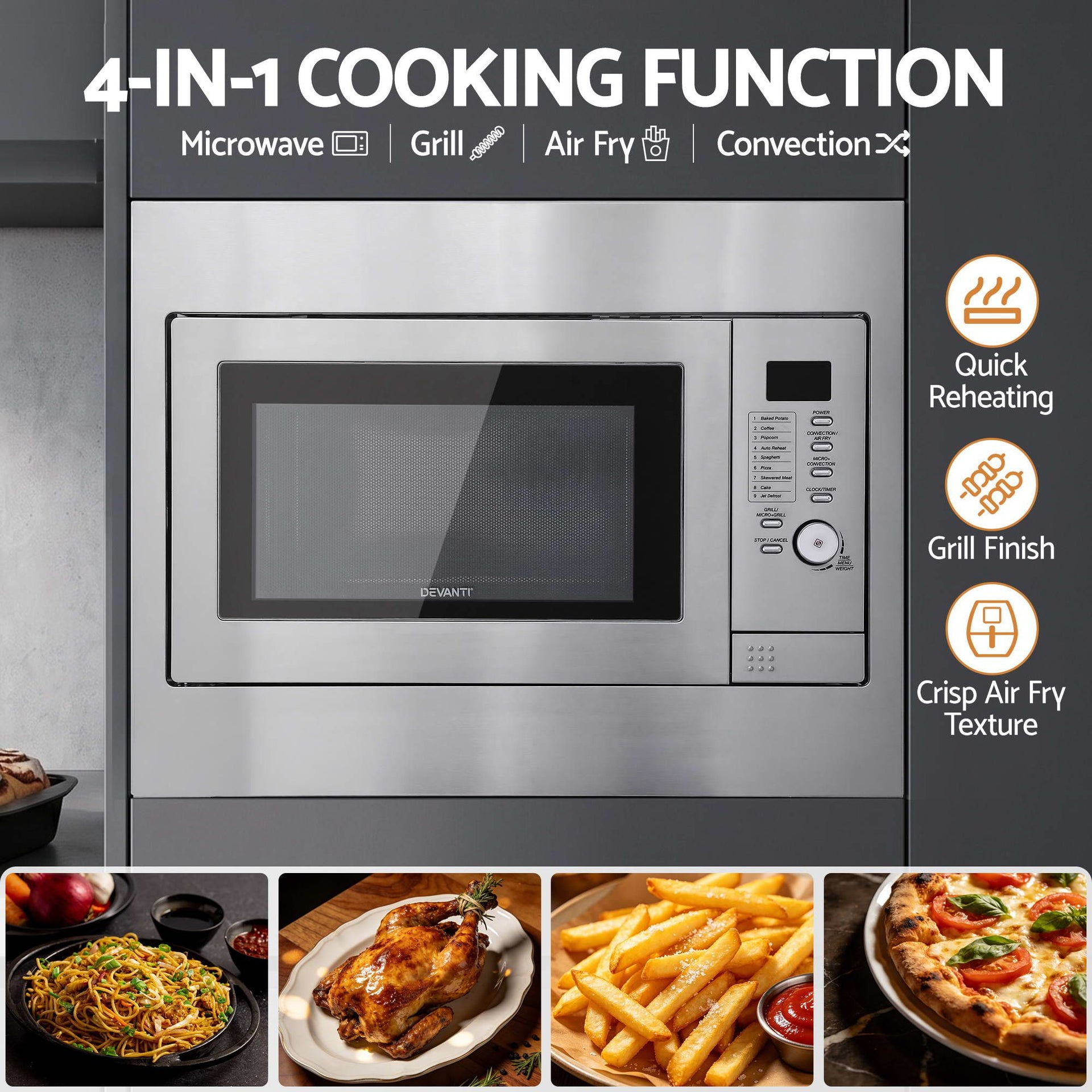 Devanti Built In Microwave Oven 30L Grill Air Fry Convection Silver Awezingly
