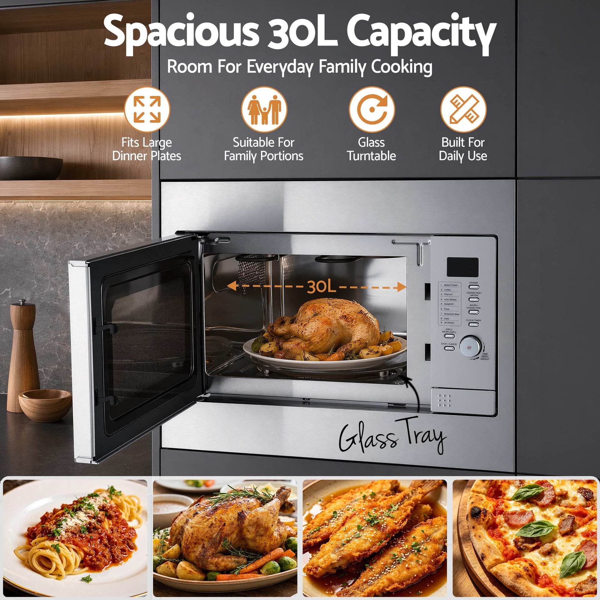 Devanti Built In Microwave Oven 30L Grill Air Fry Convection Silver Awezingly