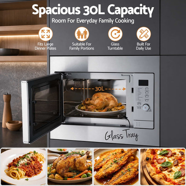 Devanti Built In Microwave Oven 30L Grill Air Fry Convection Silver Awezingly