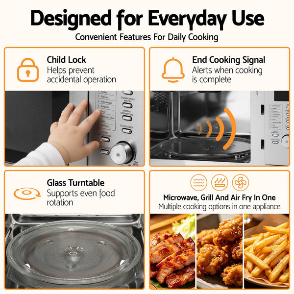 Devanti Built In Microwave Oven 30L Grill Air Fry Convection Silver Awezingly