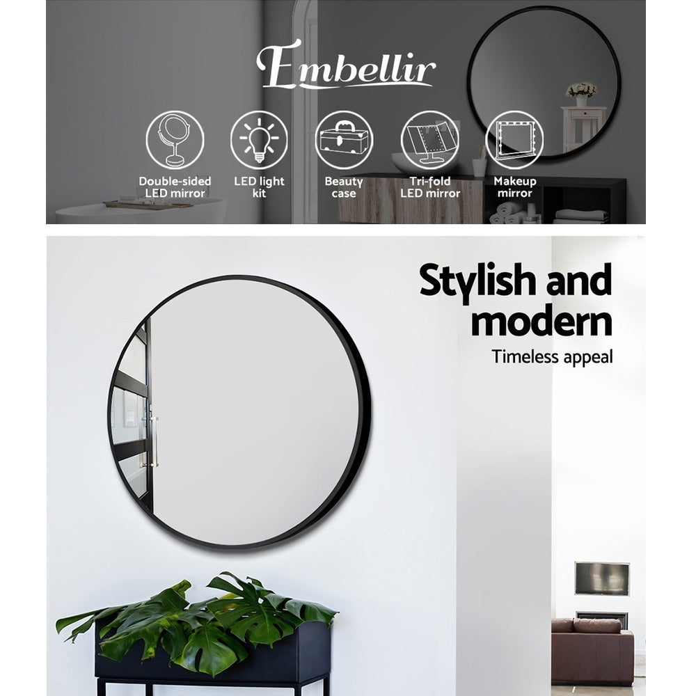 Embellir 2 Wall Mirror Makeup 70cm Home Decor Framed Mirrors Bathroom Round Black Embellir