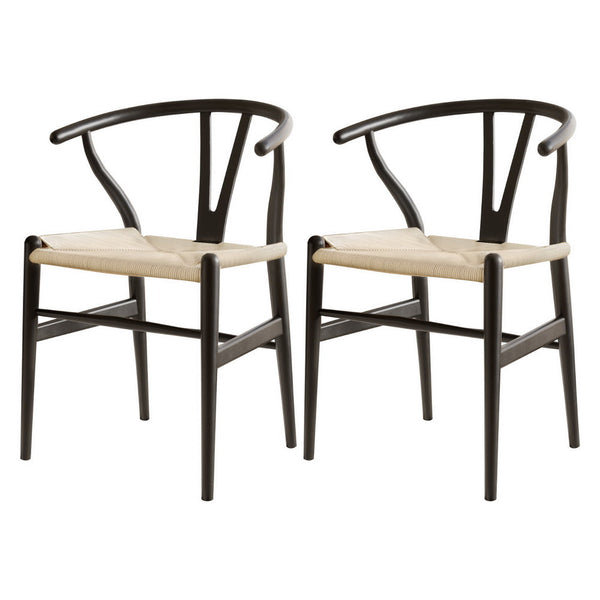 1 Set of 2 Artiss Dining Chairs Wooden Rattan Wishbone Black Artiss