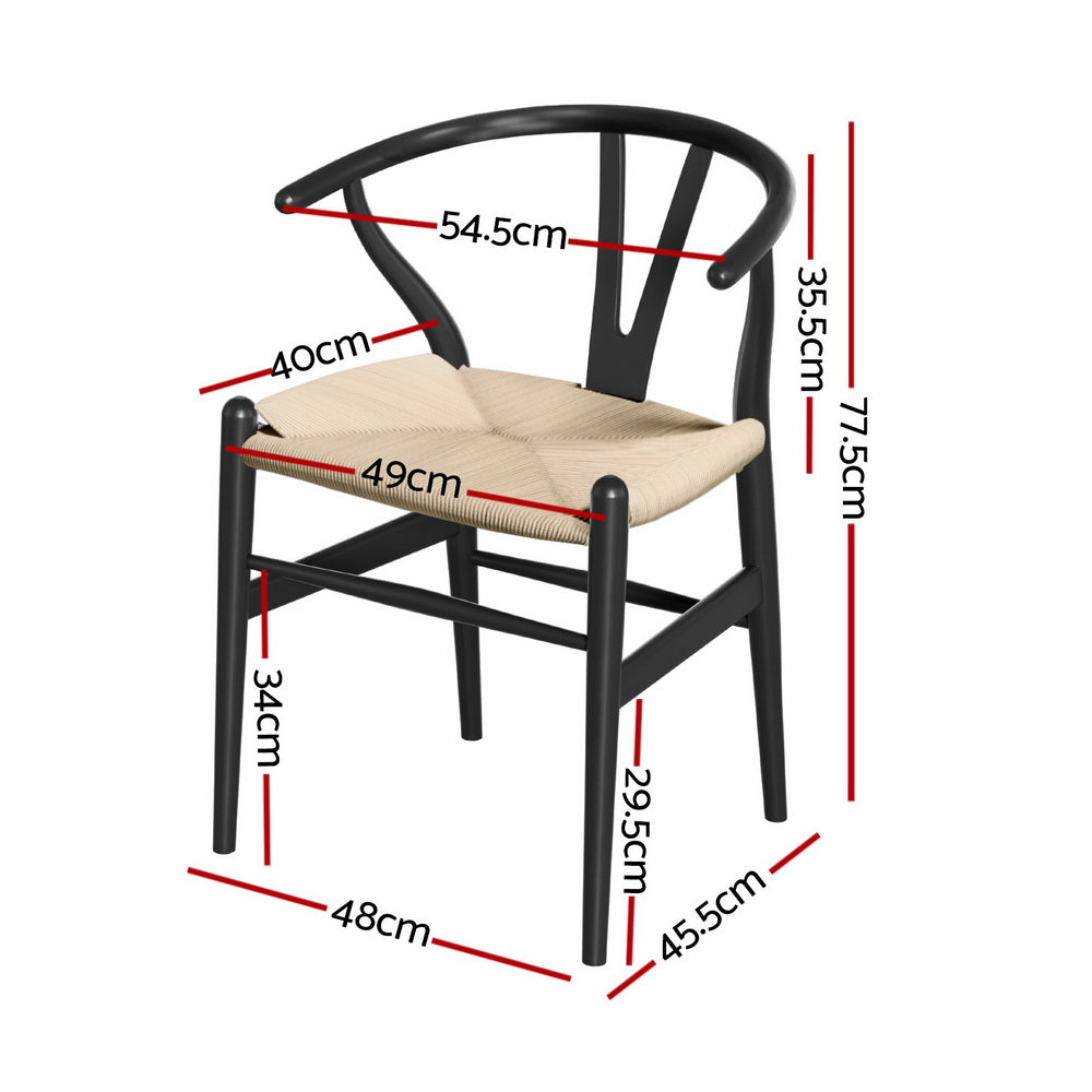 1 Set of 2 Artiss Dining Chairs Wooden Rattan Wishbone Black Artiss