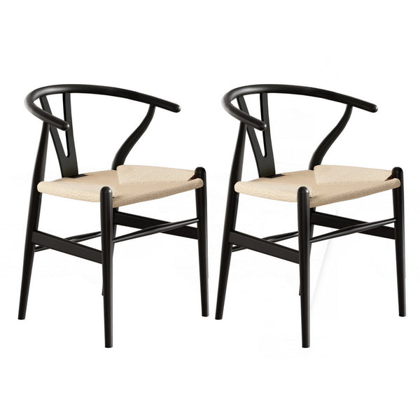 1 Set of 2 Artiss Dining Chairs Wooden Rattan Wishbone Black Artiss